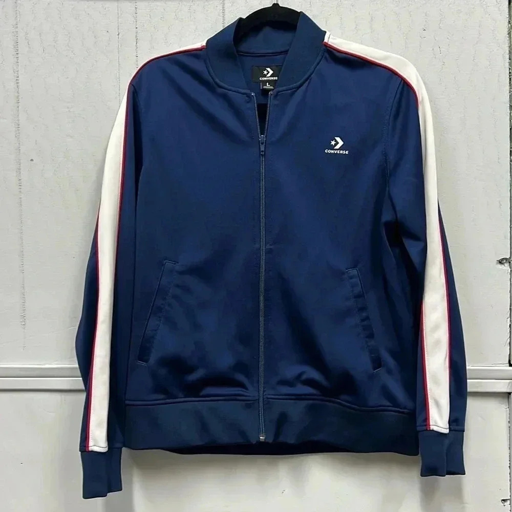 Converse Mens Track Jacket Navy Blue White Red Stripe‎ Full Zip Size Large